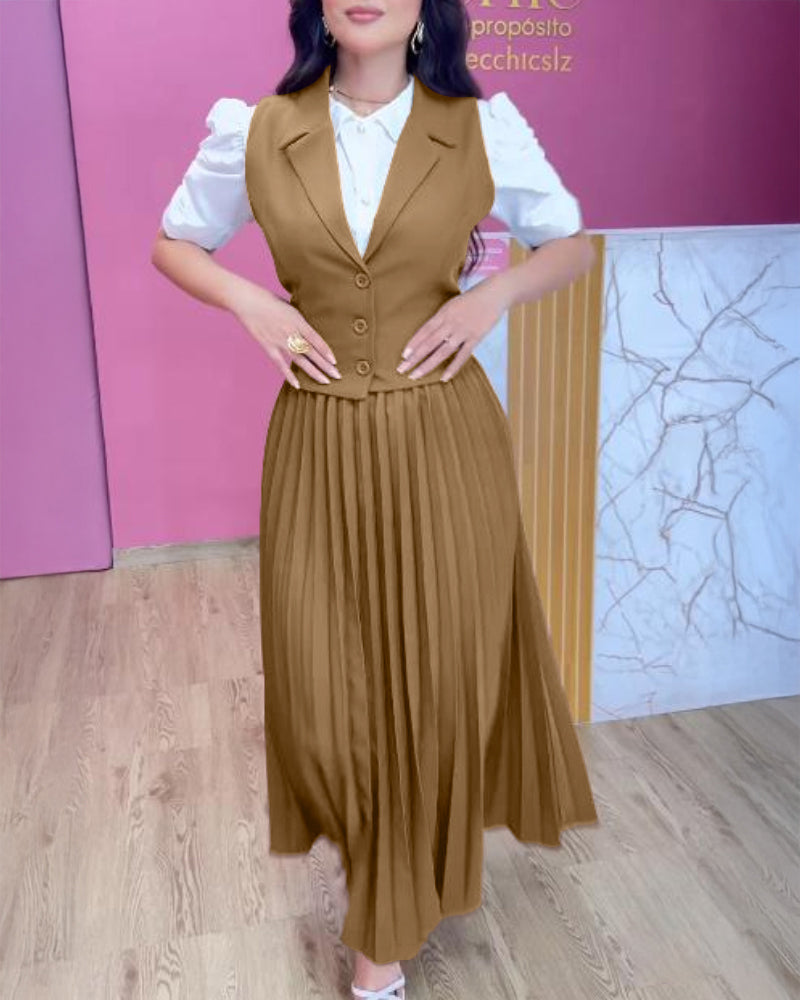 Turn-down Collar Sleeveless Button Vest and Casual Pleated Skirt Sets