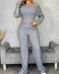 2 Pieces Outfit Button Decor Foldover Off Shoulder Slim Fit Top and Elastic Waist Wide Leg Pants Set Casual Ribbed Set