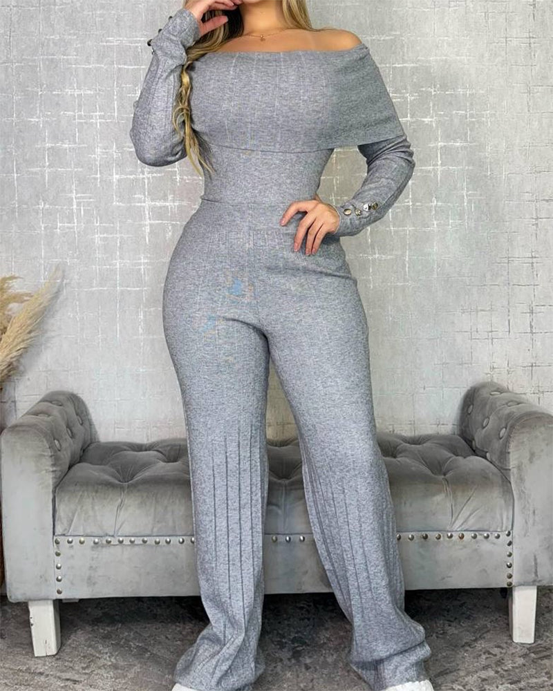 2 Pieces Outfit Button Decor Foldover Off Shoulder Slim Fit Top Elastic Waist Wide Leg Pants Set Casual Ribbed Set