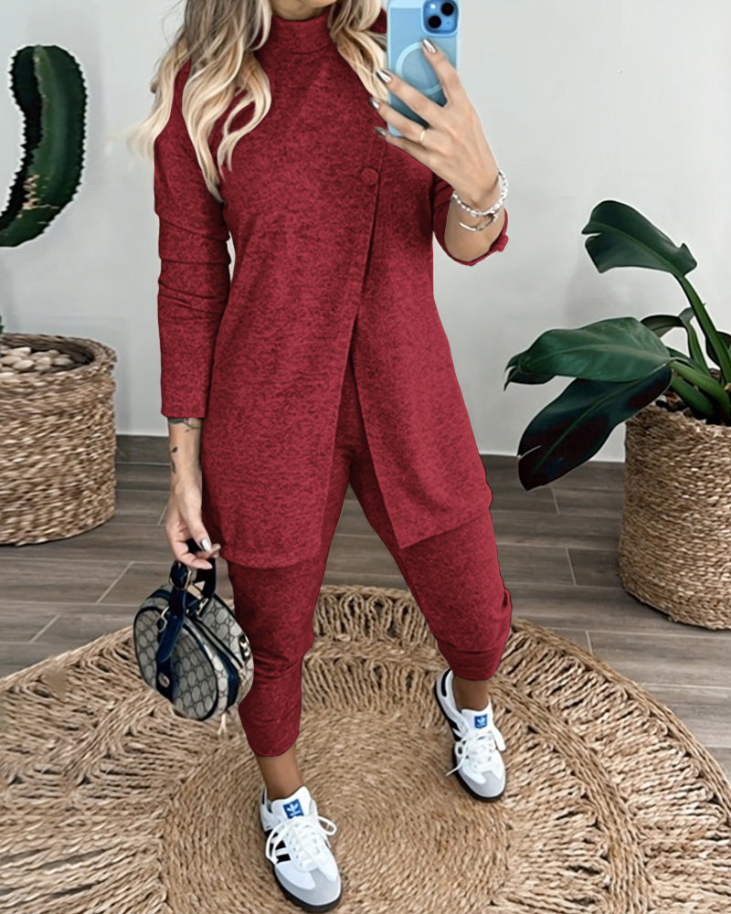 2 Pieces Outfit Mock Neck Long Sleeve Button Decor Slit Mid-Length Top and Stretchy Drawstring High Waist Slim Fit Pants Set