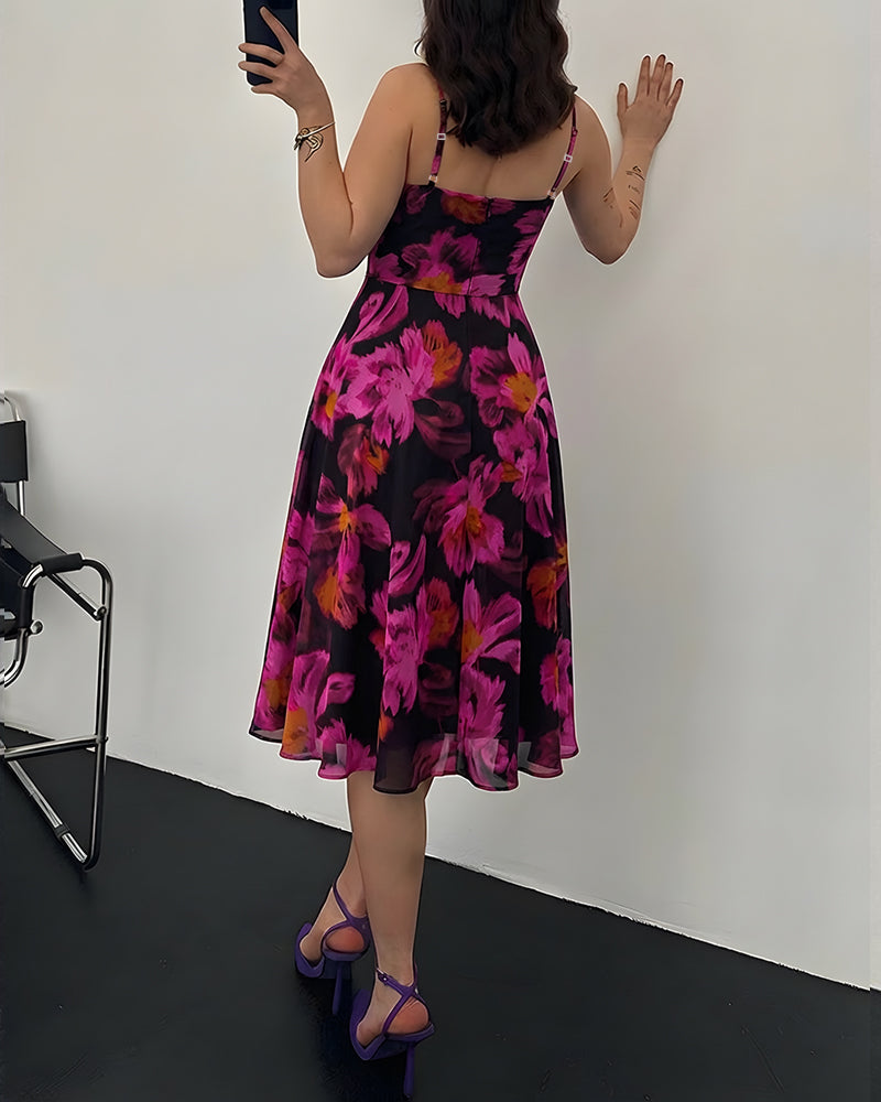 Vintage Oil Painting Floral Print Cowl Neck Adjustable Spaghetti Straps A Line Dress Elegant Cinched Waist Zipper Back Party Dress