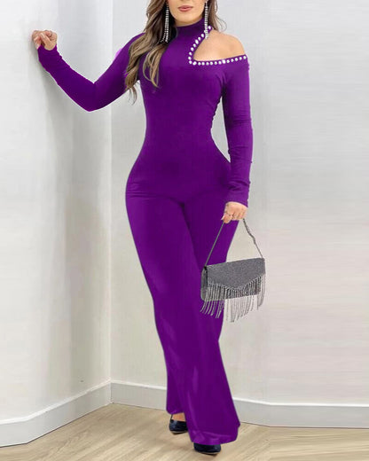 Women's Cold Shoulder Rhinestone Long Sleeve Jumpsuit Mock Neck Flare Leg Overalls