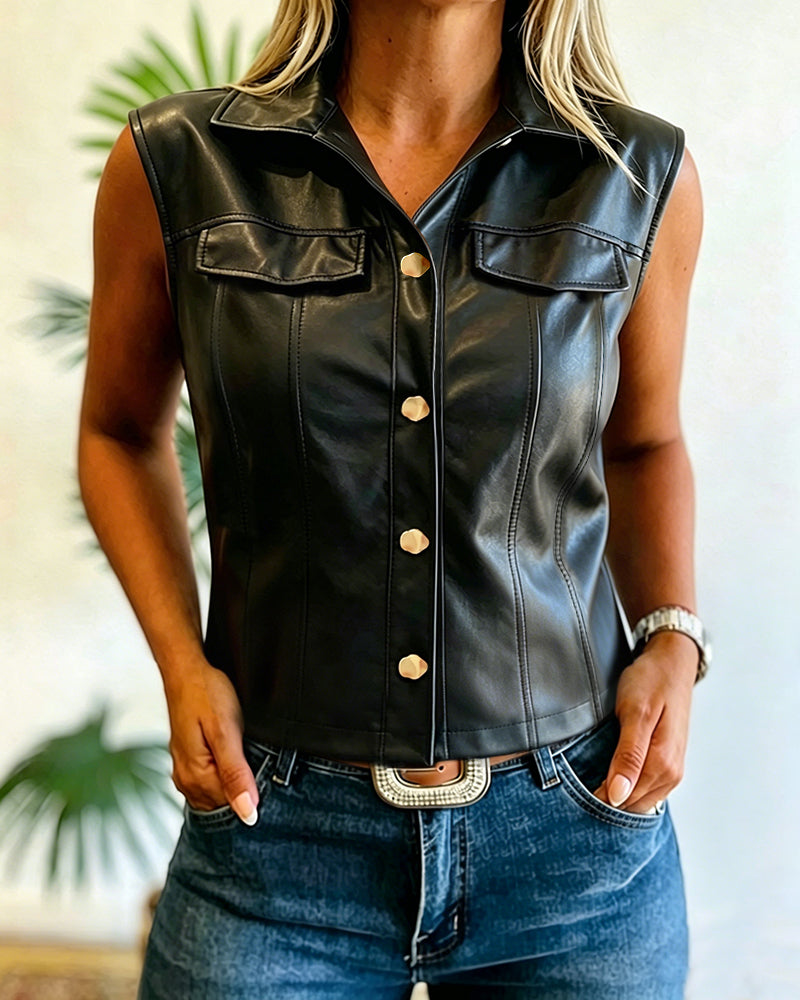 Women's Faux Leather Vest Slim Fit Sleeveless Top Vintage Gold Button Down Jacket