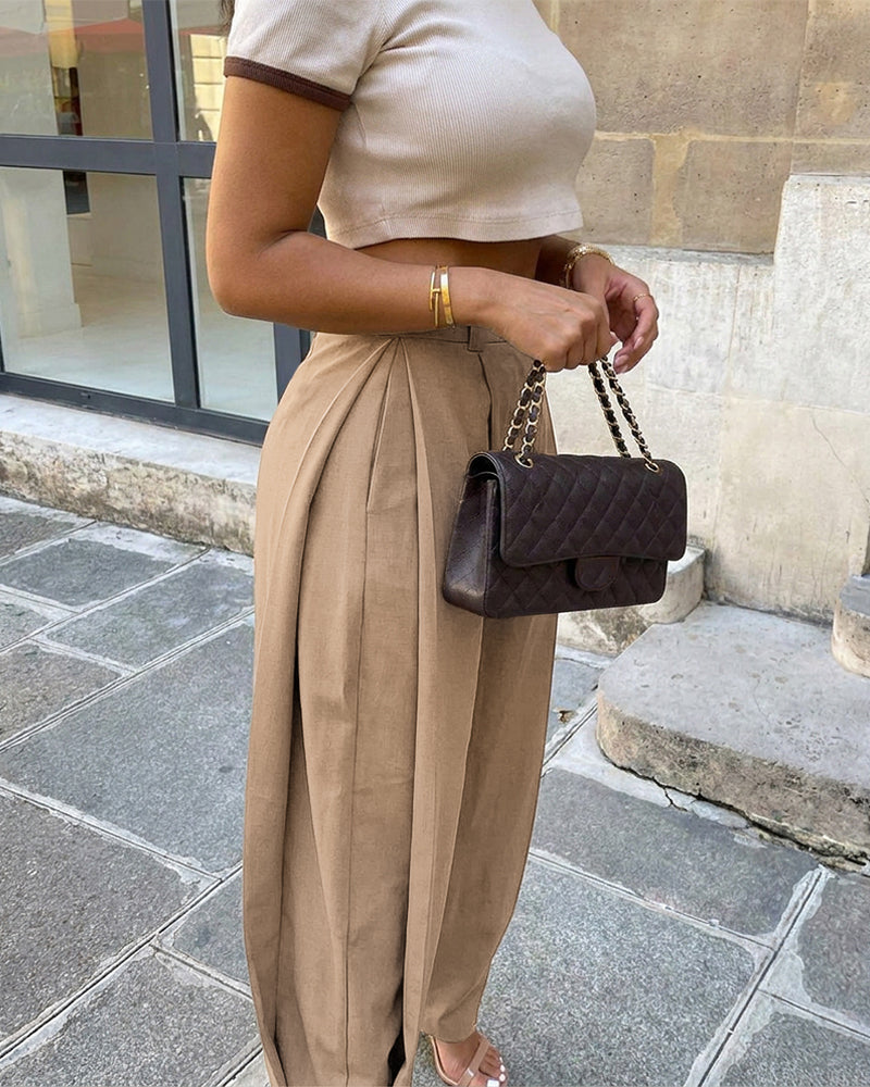 Pantalón harén para mujer de cintura alta con pliegues, bolsillos y puños abotonados