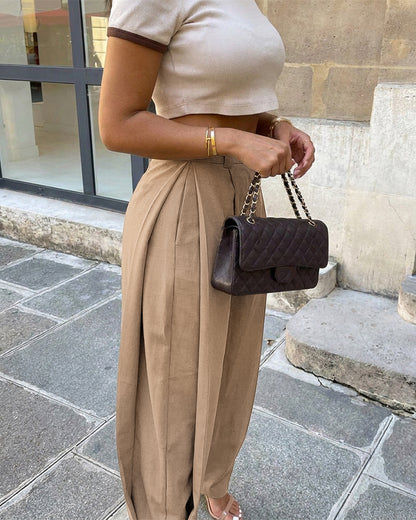 Pantalón harén para mujer de cintura alta con pliegues, bolsillos y puños abotonados