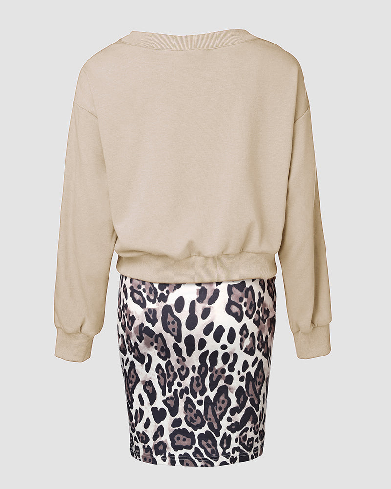 2 Piece Contrast Sequin Heart Pattern V-Neck Sweatshirt Leopard Print Sleeveless Tank Dress Set