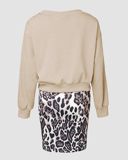 2 Piece Contrast Sequin Heart Pattern V-Neck Sweatshirt Leopard Print Sleeveless Tank Dress Set