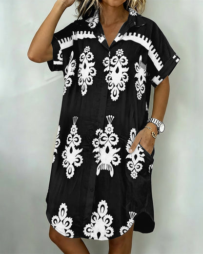 Vintage Baroque Placement Print Turn-down Collar Rolled Cuffs Button Down Shirt Dress Casual Curved Hem Vacation Dress with Pockets