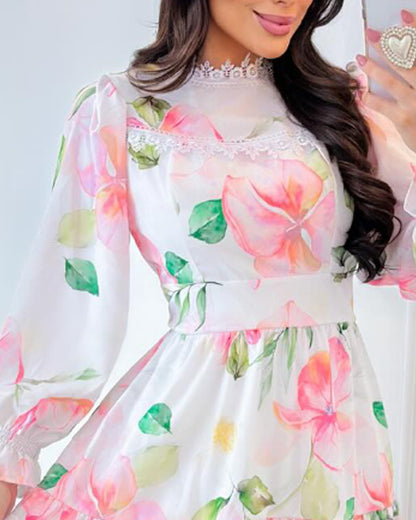 Floral Print Long Sleeve Lace Splicing Casual Cinched Waist Dress