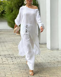 2 Pieces Outfit Button Decor One Shoulder Turn-Up Sleeves Slit Raw Edges Top and Casual Drawstring Elastic Waist Wide Leg Pants Set