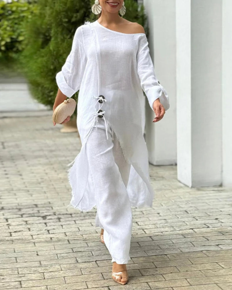 2 Pieces Outfit Button Decor One Shoulder Turn Up Sleeves Slit Raw Edges Top Casual Drawstring Elastic Waist Wide Leg Pants Set