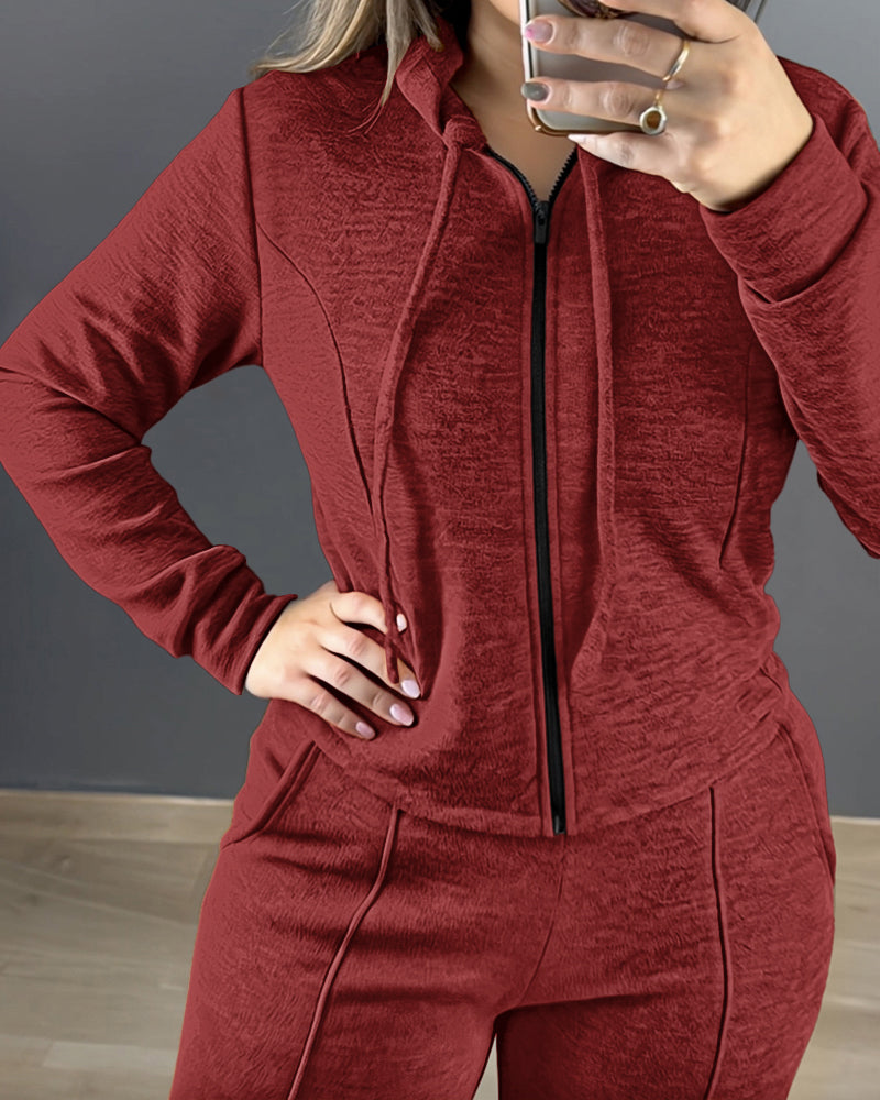 2 Pieces Outfit Long Sleeve Zip Up Drawstring Hoodie Coat and Casual Elastic Waist Seam Front Straight Leg Pants Set