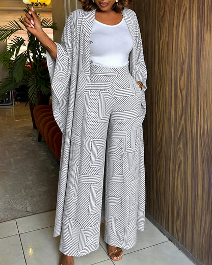 Women's Geometric Print 2 Piece Outfits Batwing Sleeve Loose Longline Cardigan and High Waisted Wide Leg Pants Set