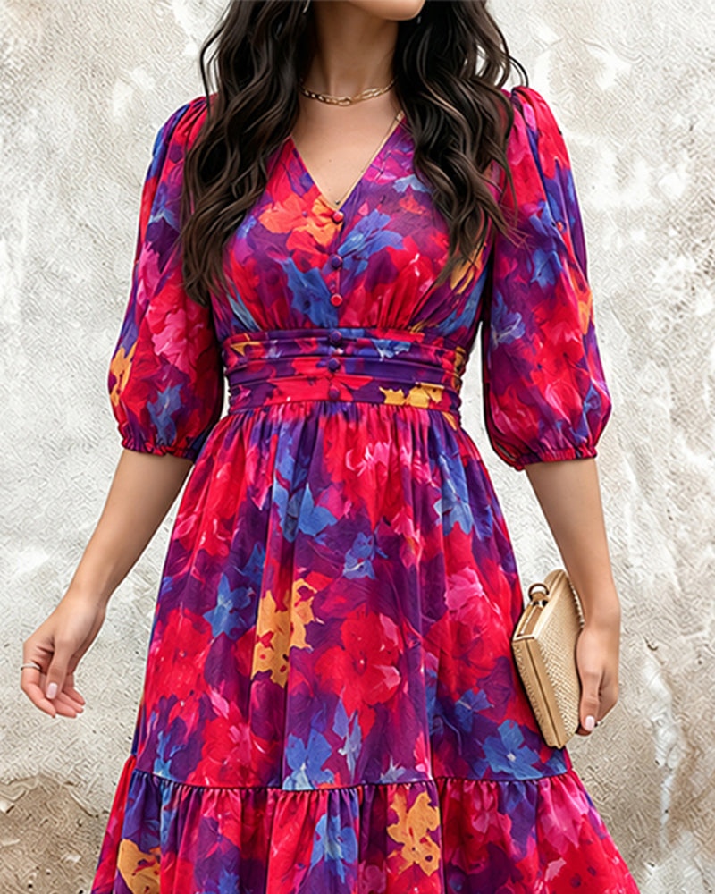 Vestido largo de gasa para mujer con flores vintage, escote en V, mangas abullonadas, cintura fruncida elástica y volantes