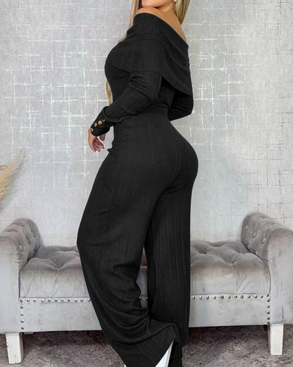2 Pieces Outfit Button Decor Foldover Off Shoulder Slim Fit Top and Elastic Waist Wide Leg Pants Set Casual Ribbed Set
