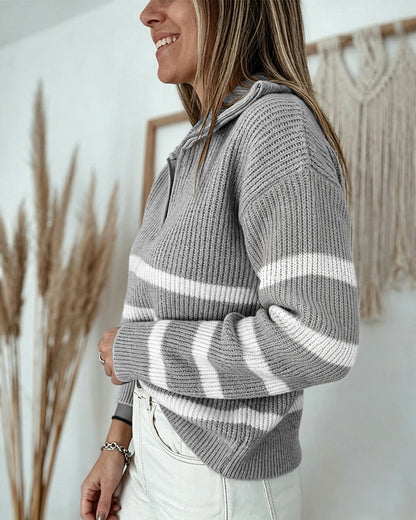 Women's Half Zip Striped Sweater Colorblock Turn-down Collar Knit Pullover Drop Shoulder Loose Fit Top