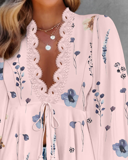 Floral Print Deep V-Neck Lantern Sleeve Casual Contrast Lace Tied Detail Blouse