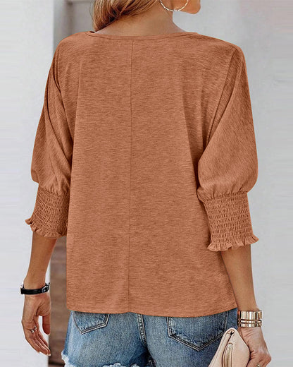 Round Neck Three Quarters Shirred Lantern Sleeve Softy T-Shirt Casual Tee