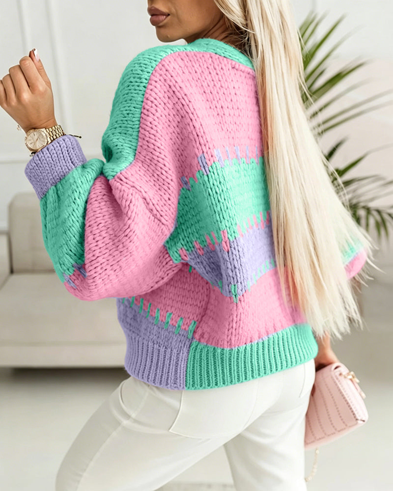 Women's Colorblock Knit Cardigan Chunky Knit Sweater Ribbed Trim Long Sleeve Casual Loose Knitwear