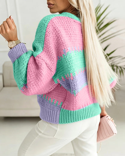 Women's Colorblock Knit Cardigan Chunky Knit Sweater Ribbed Trim Long Sleeve Casual Loose Knitwear
