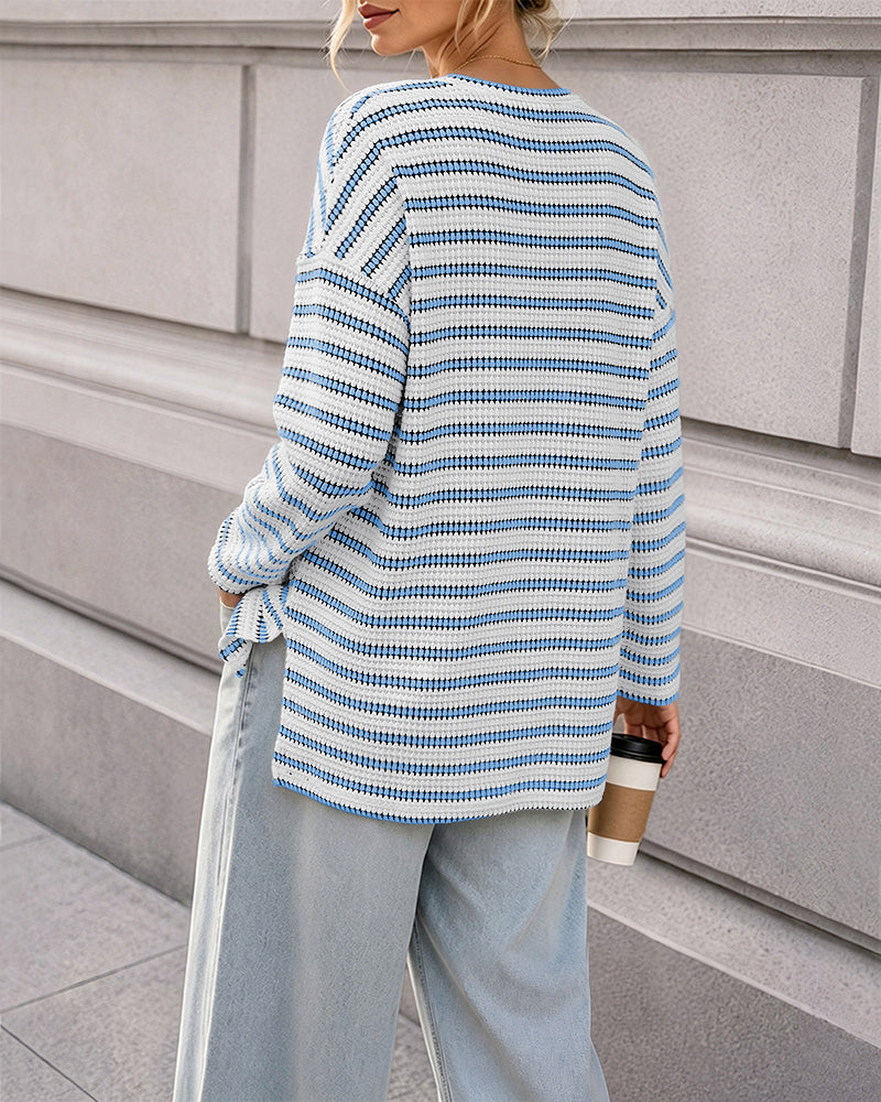 Women's Striped Textured Knit Long Sleeve T-Shirt Casual Side Slit Loose Fit Top