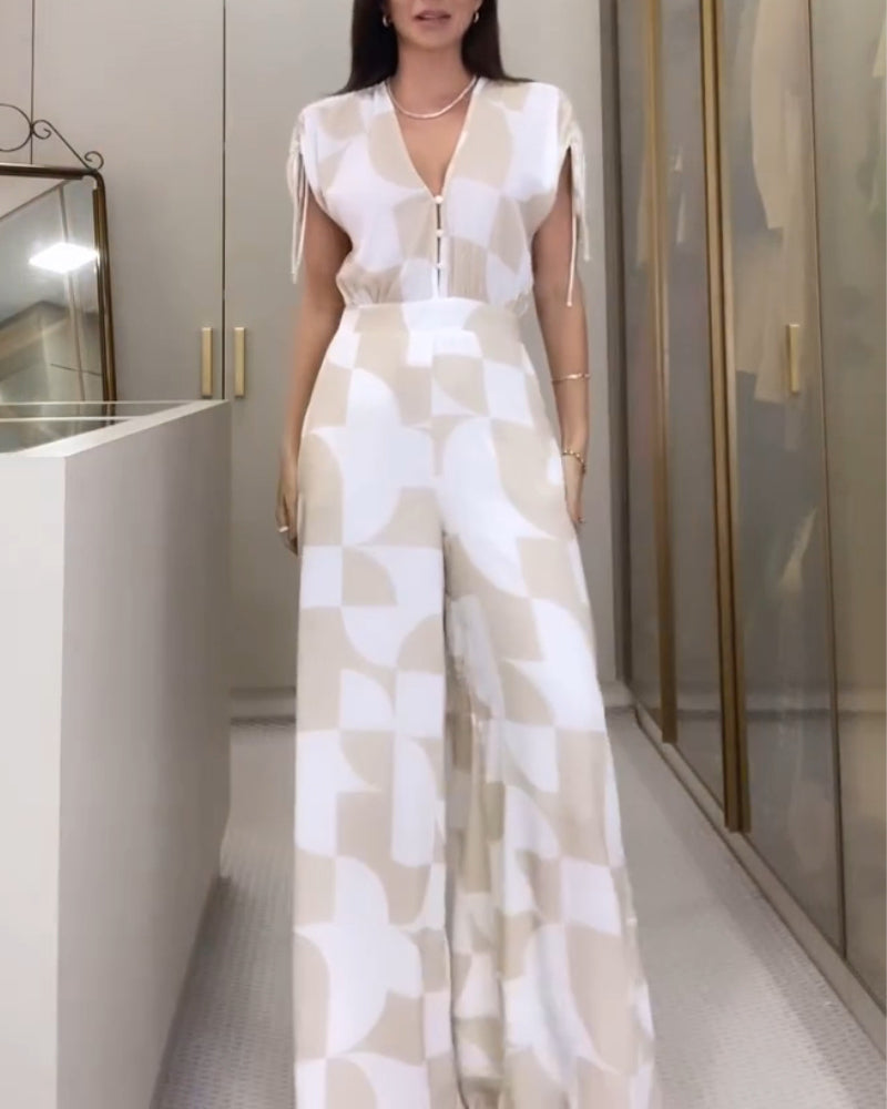 Geometric Print V-Neck Short Sleeve Zipper Jumpsuit