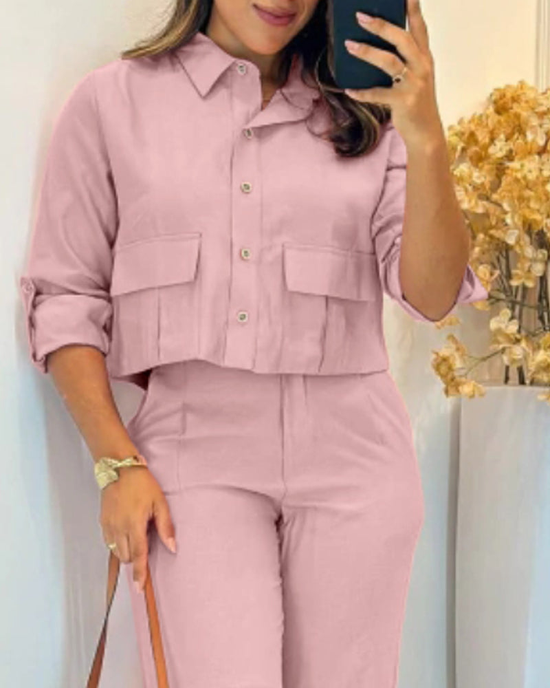 2 Pieces Outfit Turn-down Collar Turn-Up Sleeves Button Front Flap Pockets Design Top and Causal Zipper Fly Elastic Back Waist Wide Leg Pants Set