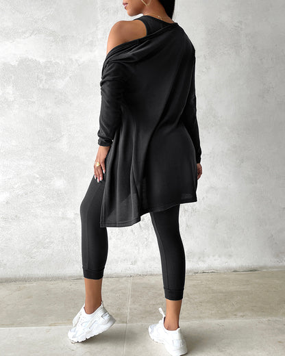 3 Piece Lounge Set Crewneck Sleeveless Tank Top Long Sleeve Open Front Coat Pants Sweatsuit