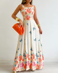 Floral Print Spaghetti Strap Square Neck Shirred Maxi Dress Casual Flowy A Line Vacation Dress