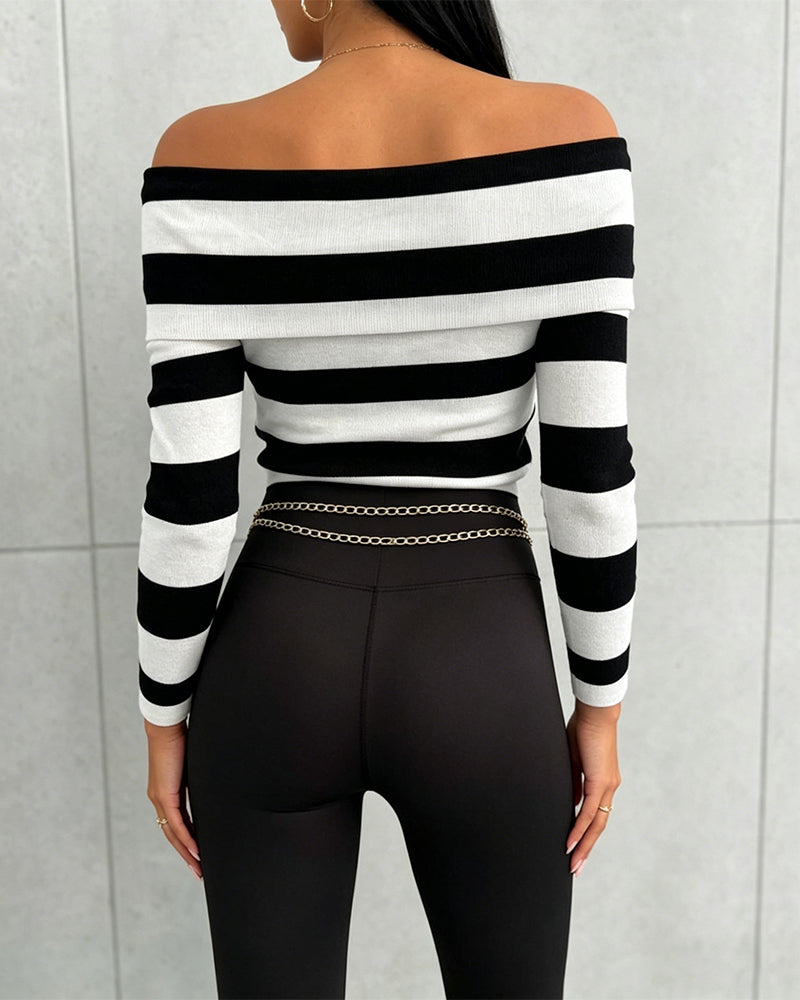 Women's Foldover Off Shoulder Striped Pullover Long Sleeve Slim Fit Knit Top