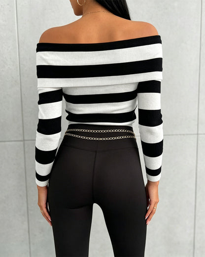 Women's Foldover Off Shoulder Striped Pullover Long Sleeve Slim Fit Knit Top