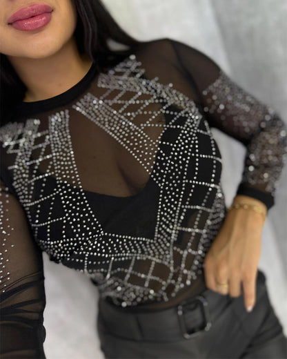Women's Geometric Rhinestone Sheer Mesh Round Neck Long Sleeve Slim Fit Top