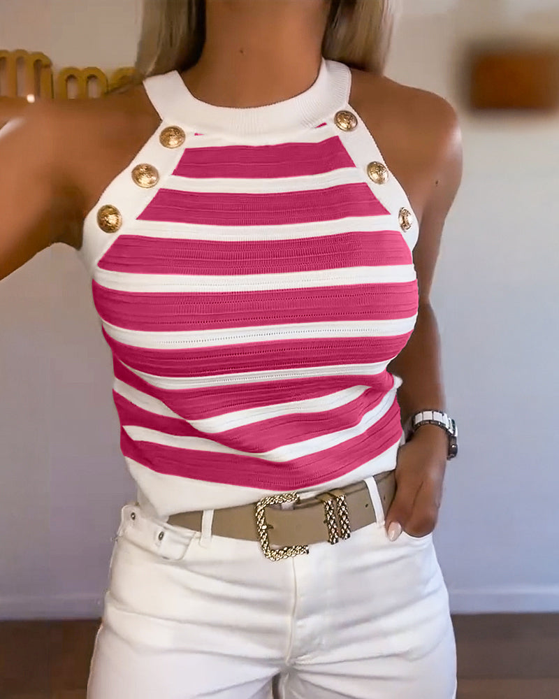 Striped Halter Sleeveless Tank Causal Golden Button Decor Breathable Knit Top