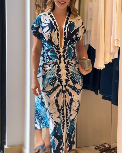 Vintage Floral Placement Print Deep V-Neck Short Sleeve Ruched Mid-length Dress Slim Fit Slit Front Vacation Dress