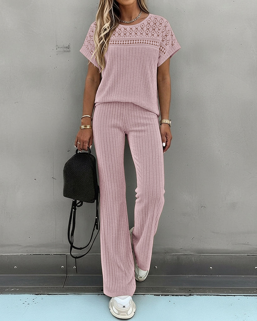 Women's 2 Piece Knit Set Lace Patchwork Short Sleeve Top and Wide Leg Pants Casual Ribbed Brushed Lounge Set