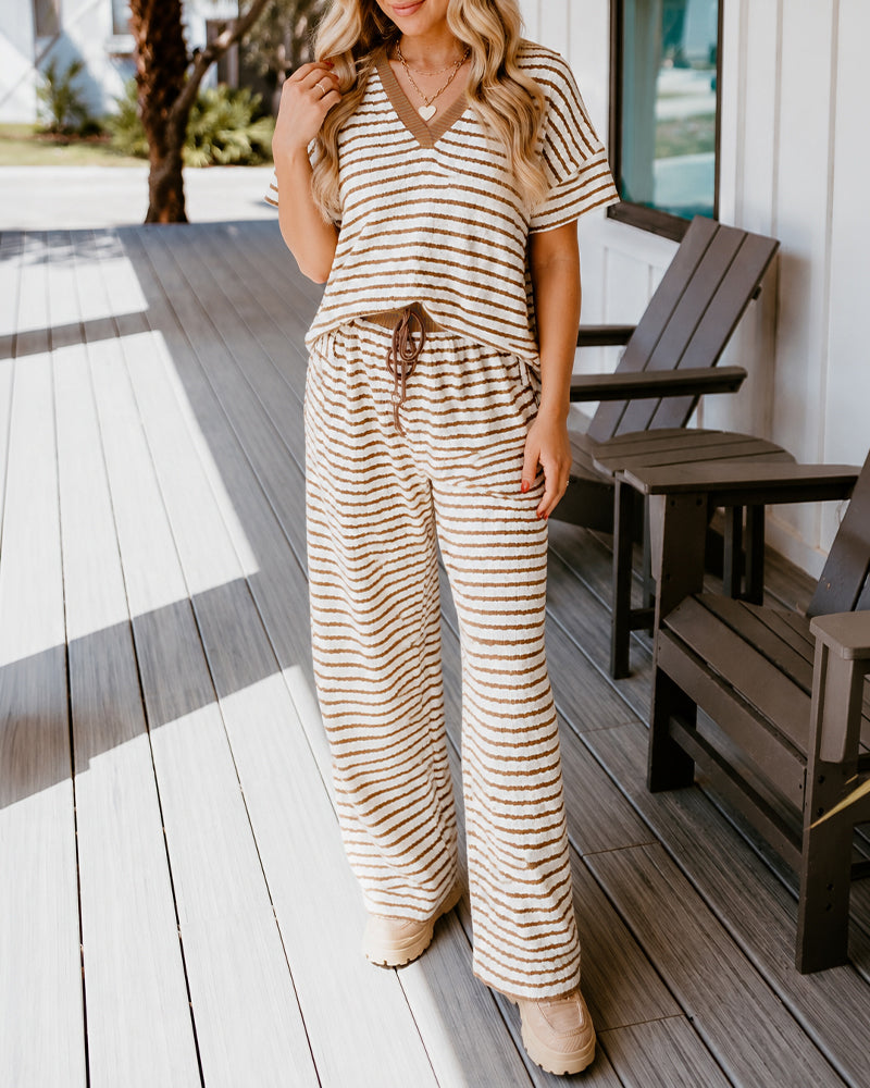 Women's 2 Piece Striped Lounge Set V Neck Short Sleeve Top and Wide Leg Pants Set