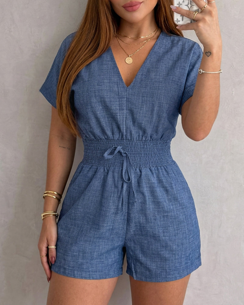 Women's Deep V Neck Denim Look Romper Shirred High Waist Short Jumpsuit Backless Batwing Sleeve Romper