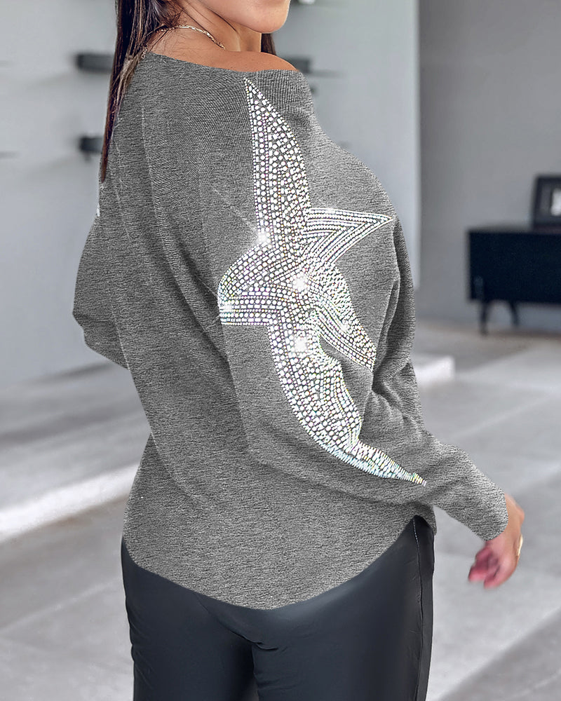 Pullover Knit Sweaters Crewneck Batwing Sleeve Rhinestone Star Pattern Top
