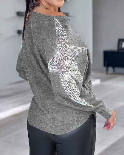 Pullover Knit Sweaters Crewneck Batwing Sleeve Rhinestone Star Pattern Top