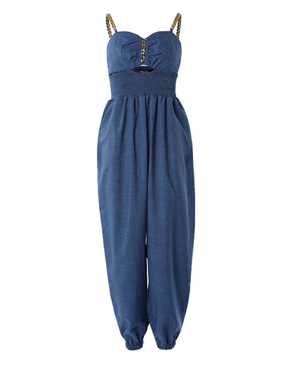 Women's Chain Strap Jumpsuit Hollow Out Shirred Waist Overalls Casual Jogger Jumpsuit with Pockets