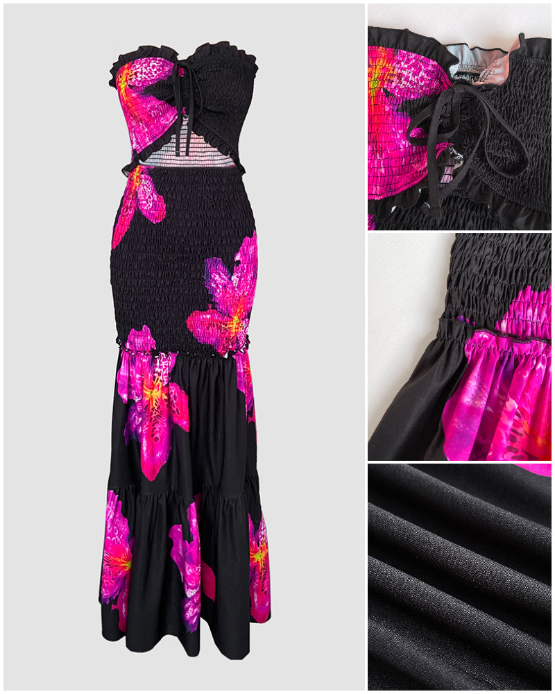 Floral Print Bandeau Sleeveless Shirred Hollow-out Maxi Dress