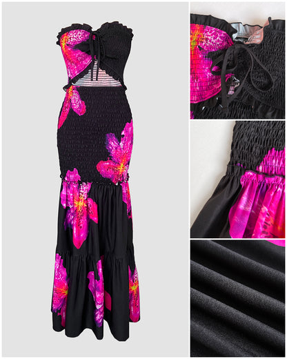 Floral Print Bandeau Sleeveless Shirred Hollow-out Maxi Dress
