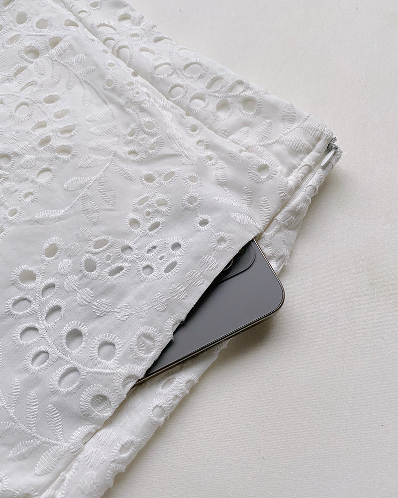 2 Pieces Outfit Eyelet Embroidery Short Sleeve Stand Collar Top and Casual Elastic Waist Shorts Set with Pockets