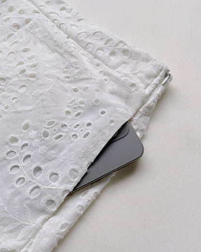 2 Pieces Outfit Eyelet Embroidery Short Sleeve Stand Collar Top and Casual Elastic Waist Shorts Set with Pockets