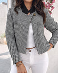 Women's Vintage Houndstooth Contrast Collar Cropped Jacket