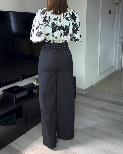 2 Pieces Outfit Floral Print Round Neck Bell Sleeve Satin Top and High Waist Wide Leg Work Pants Set