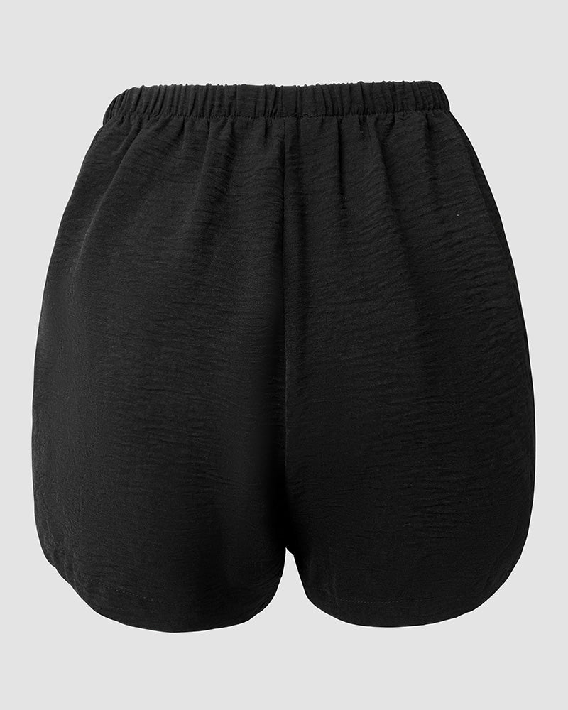 2 Pieces Outfit Notched Collar Lantern Sleeve Button Front Shirred Asymmetrical Ruffle Hem Top and Casual Elastic Waist Shorts Set With Belt