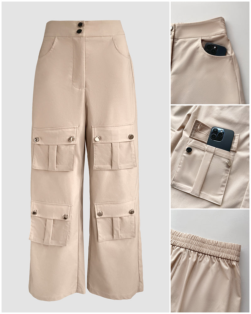 High Waist Zipper Fly Multiple Flap Pockets Design Utility Pants Casual Elastic Back Waist Wide Leg Cargo Pants