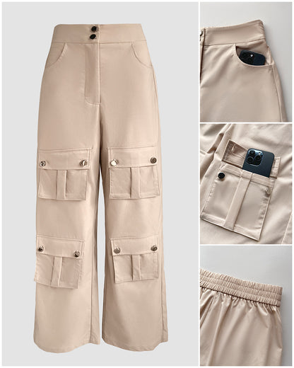 High Waist Zipper Fly Multiple Flap Pockets Design Utility Pants Casual Elastic Back Waist Wide Leg Cargo Pants
