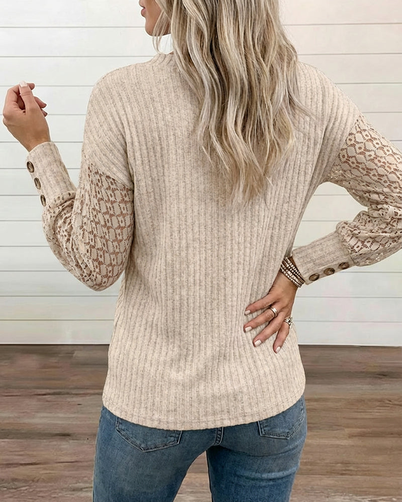 V-Neck Lace Spliced Long Sleeve Ribbed Tee Casual Button Decor Cuffs Knit Brushed Top